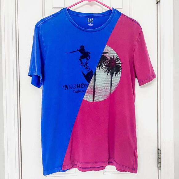 GAP • Surfer Surfing Blue + Pink Split Color-block Short Sleeve Graphic Tee - Picture 1 of 6
